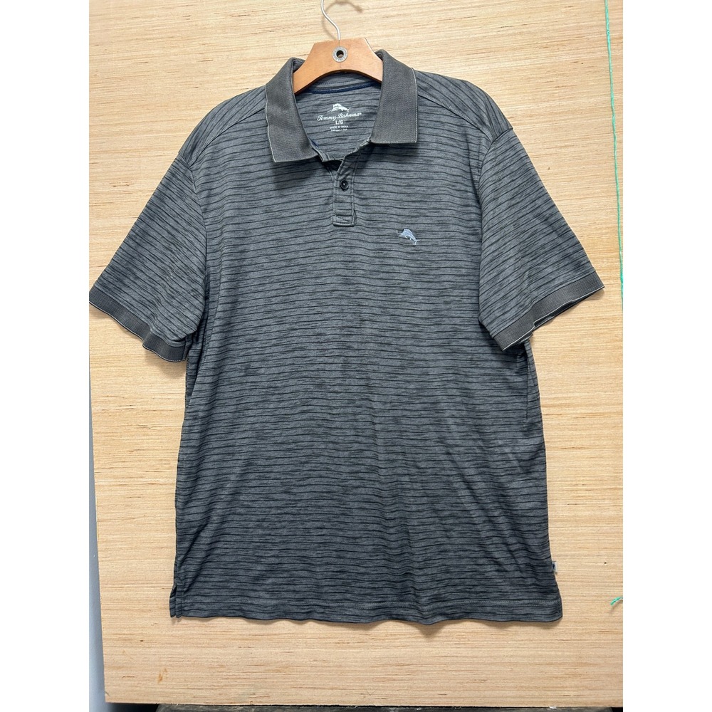 Tommy Bahama Mens Grey Space Dye Striped Polo Shirt‎ Large Marlin